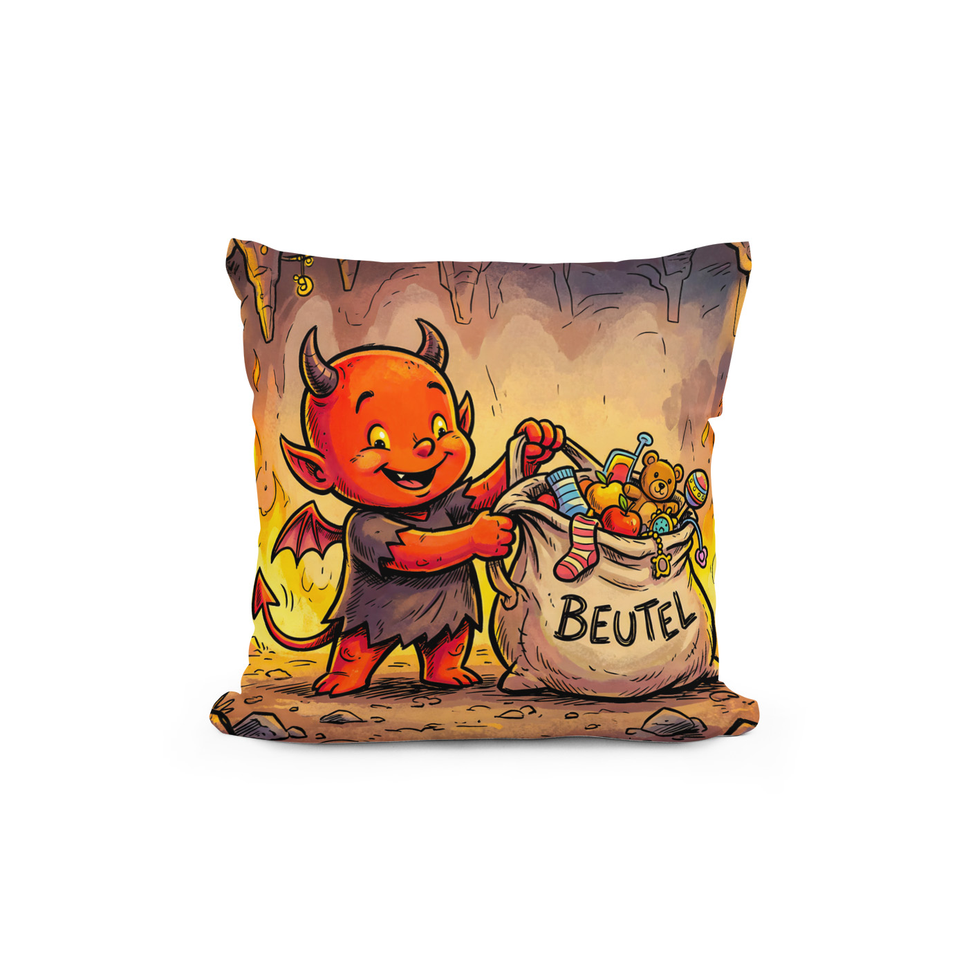 Kissen: Little Devil Carrying a Large Bag in Fiery Cave – Image 2