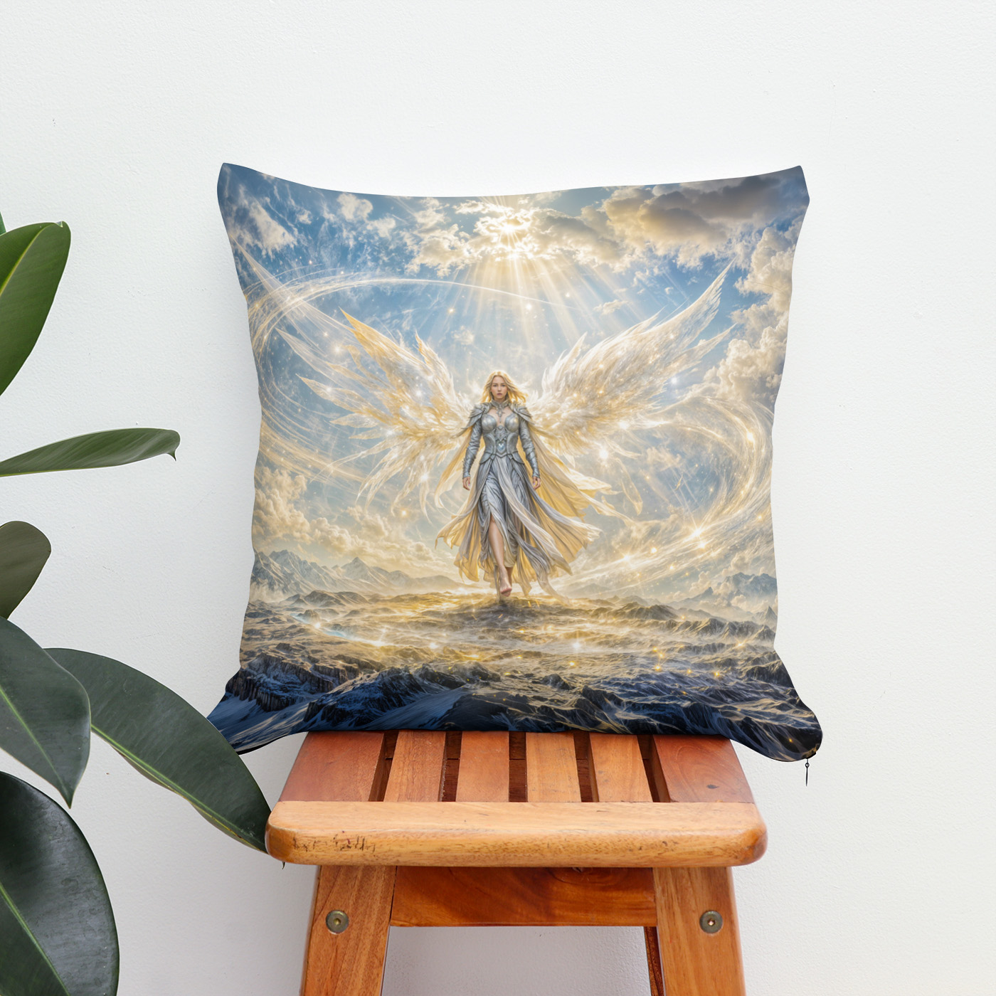Kissen: Dynamic Fantasy Angel in Radiant Atmospheric Light