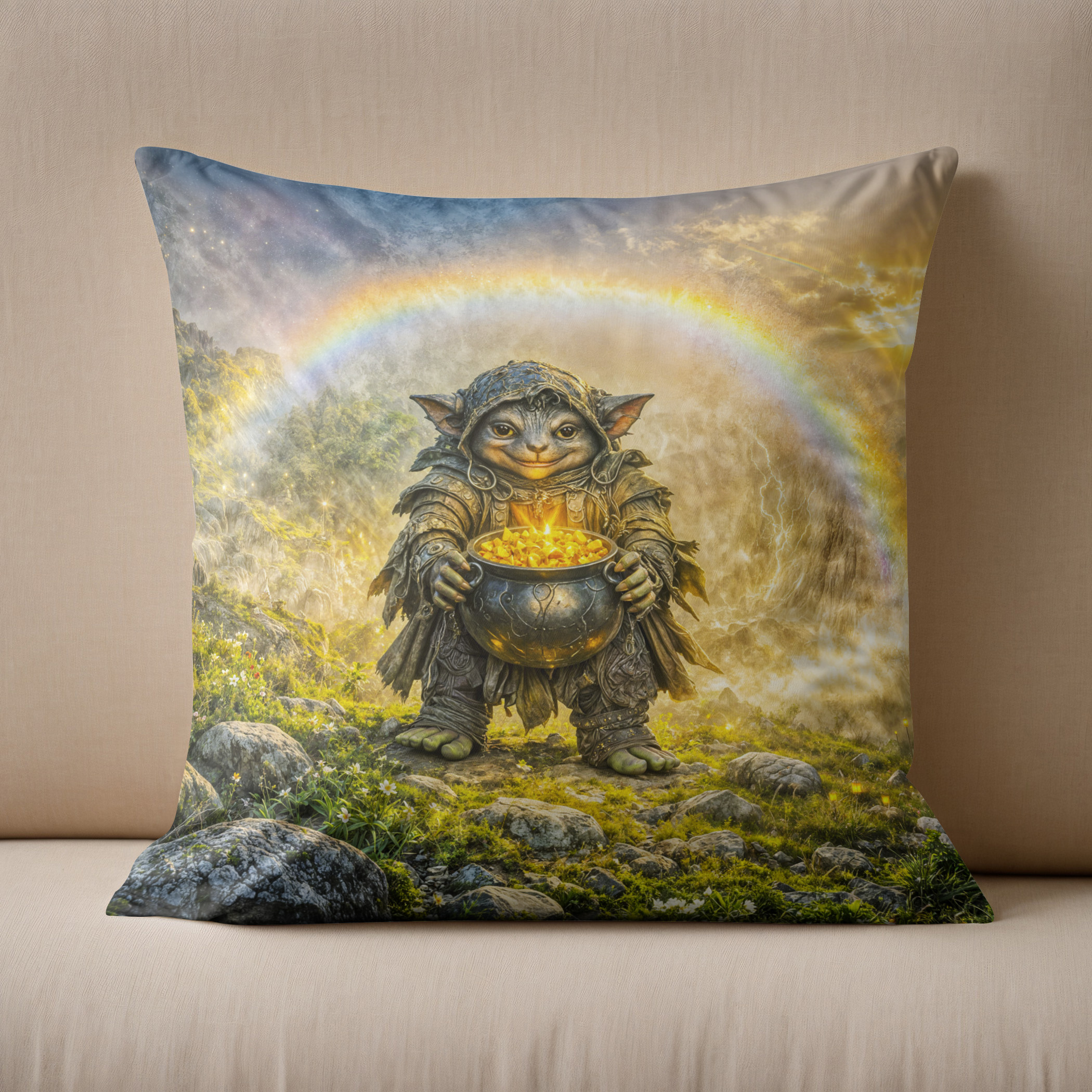 Kissen: Dynamic Fantasy Goblin with Rainbow Gold Pot