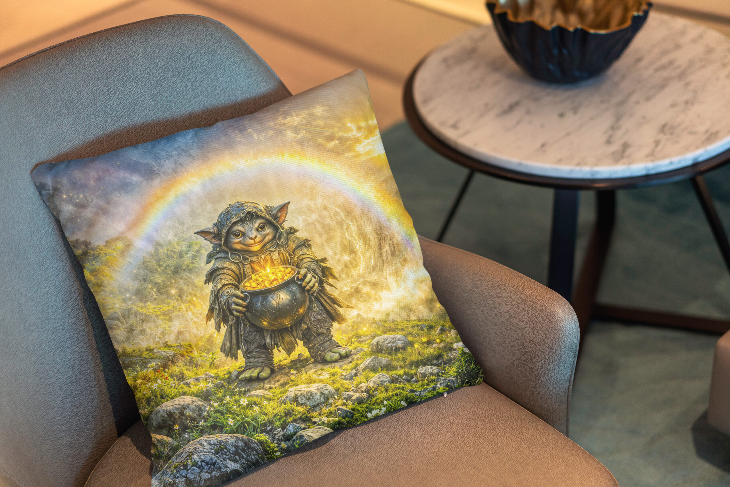 Kissen: Dynamic Fantasy Goblin with Rainbow Gold Pot – Image 2