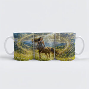 raxxa Premium-Tasse: Dynamic Fantasy Centauride in Radiant Magical Landscape