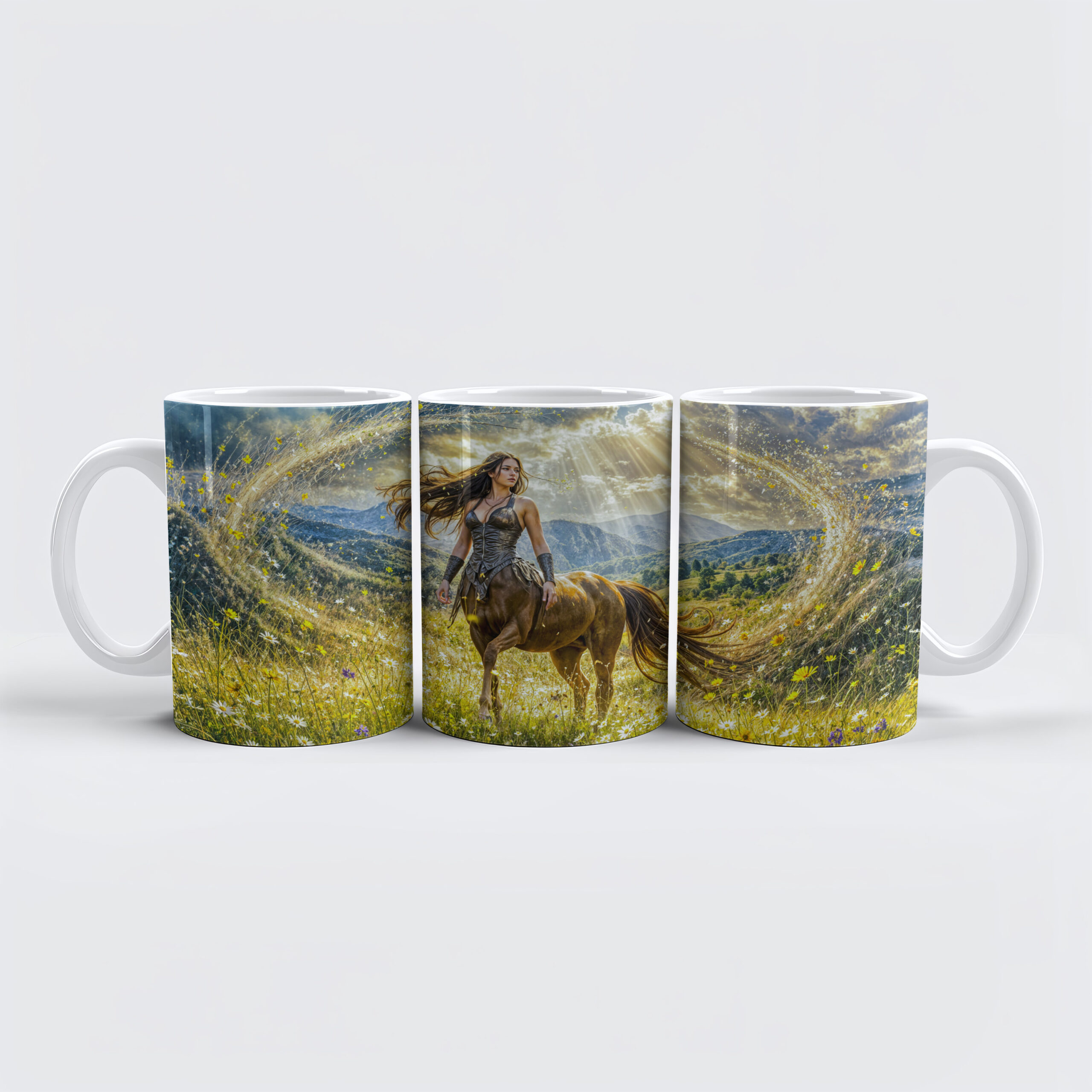 raxxa Premium-Tasse: Dynamic Fantasy Centauride in Radiant Magical Landscape