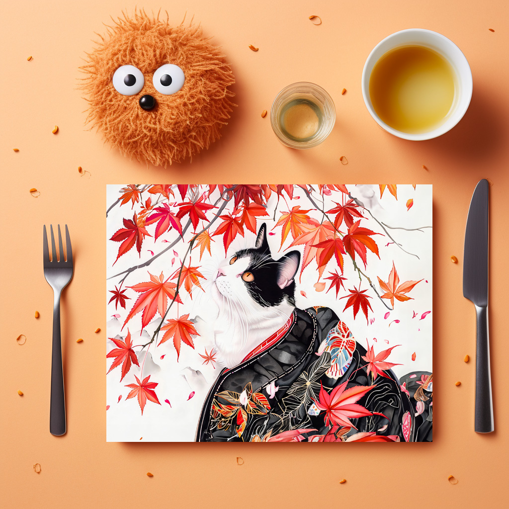 raxxa Premium-Tischset: Curious Kitten in Autumn Leaves in Chinese Ink Painting Style – Image 3