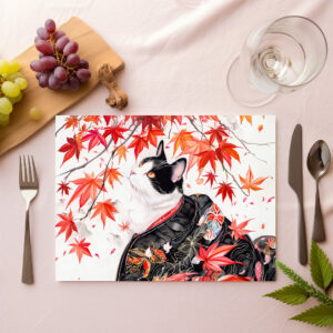 raxxa Premium-Tischset: Curious Kitten in Autumn Leaves in Chinese Ink Painting Style