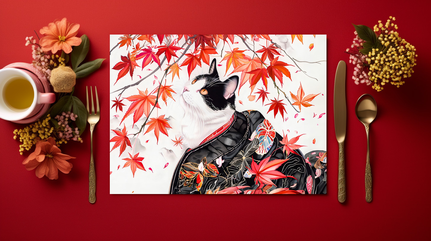 raxxa Premium-Tischset: Curious Kitten in Autumn Leaves in Chinese Ink Painting Style – Image 2