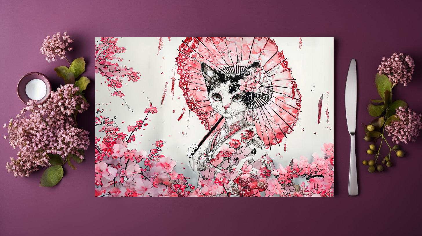 raxxa Premium-Tischset: Serene Geisha Cat with Red Parasol and Cherry Blossoms in Chinese Ink Painting Style – Bild 3