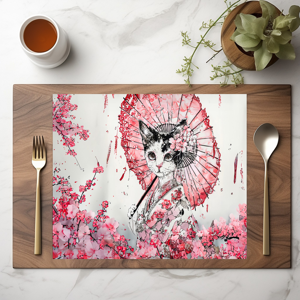 raxxa Premium-Tischset: Serene Geisha Cat with Red Parasol and Cherry Blossoms in Chinese Ink Painting Style – Bild 2