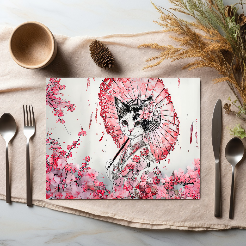 raxxa Premium-Tischset: Serene Geisha Cat with Red Parasol and Cherry Blossoms in Chinese Ink Painting Style