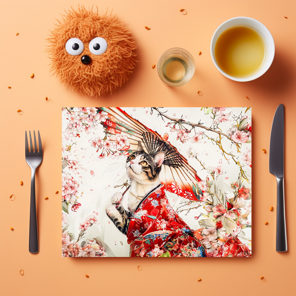 raxxa Premium-Tischset: Serene Geisha Cat in Red Kimono and Cherry Blossoms, Chinese Ink Painting – Bild 3