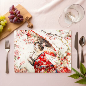 raxxa Premium-Tischset: Serene Geisha Cat in Red Kimono and Cherry Blossoms, Chinese Ink Painting