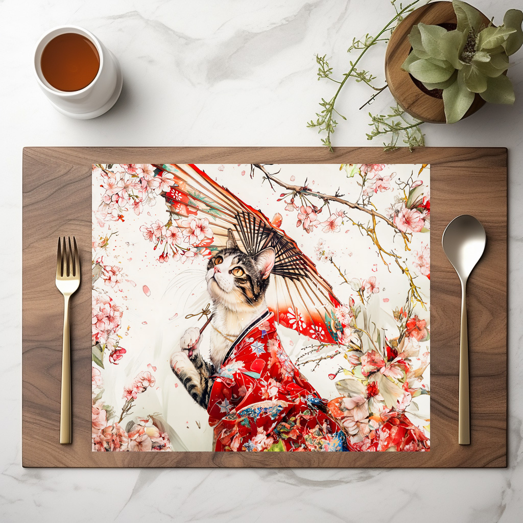 raxxa Premium-Tischset: Serene Geisha Cat in Red Kimono and Cherry Blossoms, Chinese Ink Painting – Bild 2