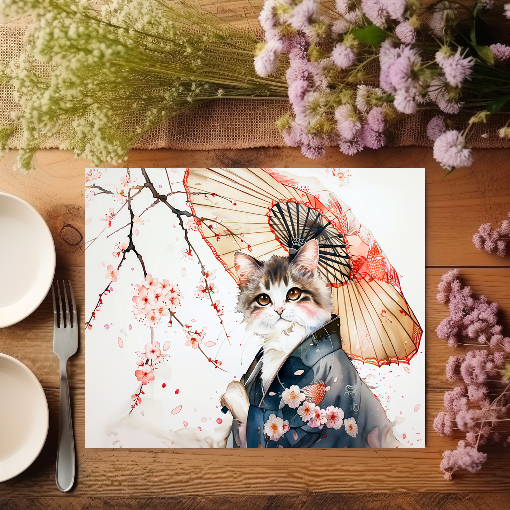 raxxa Premium-Tischset: Noble Geisha Cat with Bamboo Umbrella in Chinese Ink Painting – Bild 2