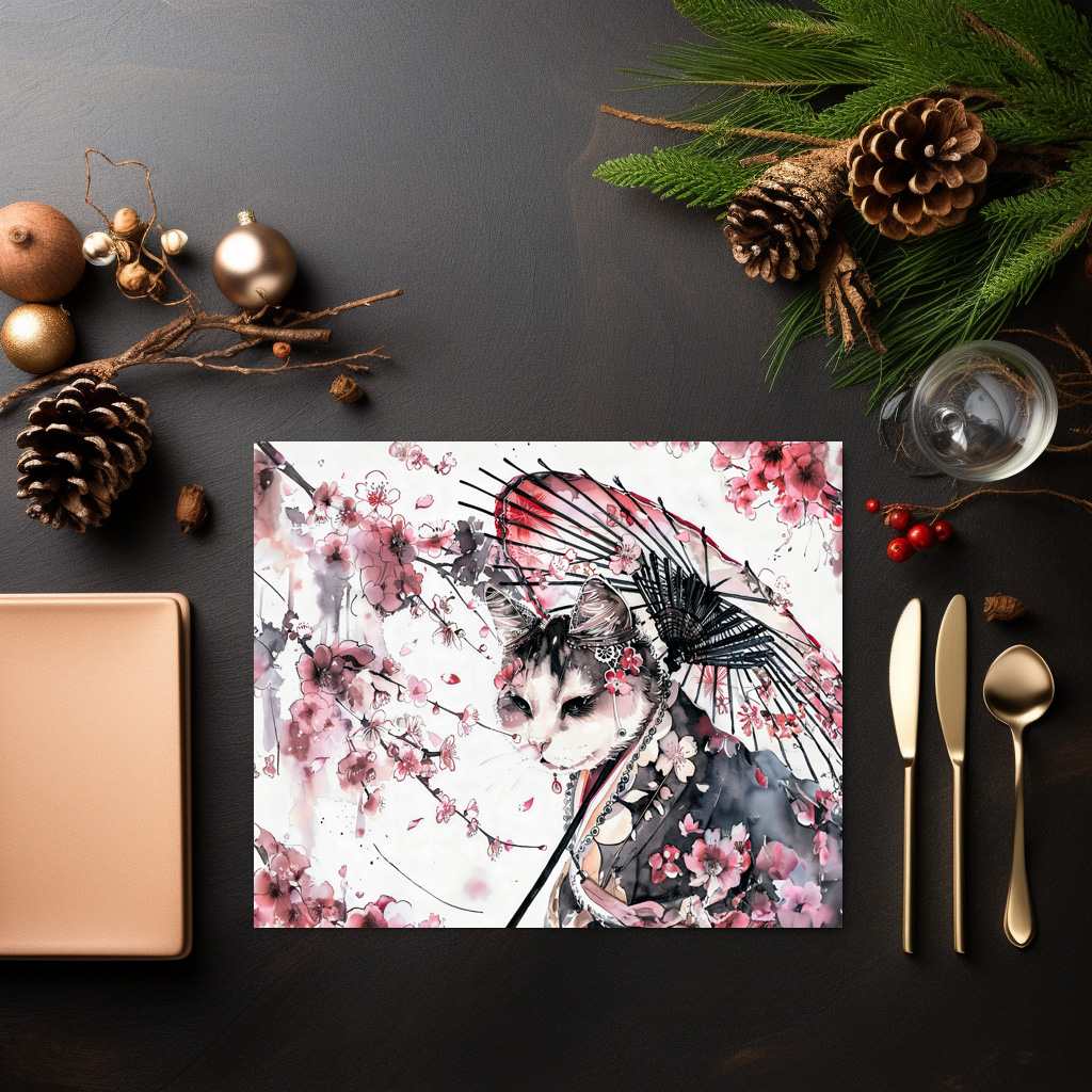 raxxa Premium-Tischset: Geisha Cat with Parasol and Cherry Blossoms in Chinese Ink Painting – Bild 2