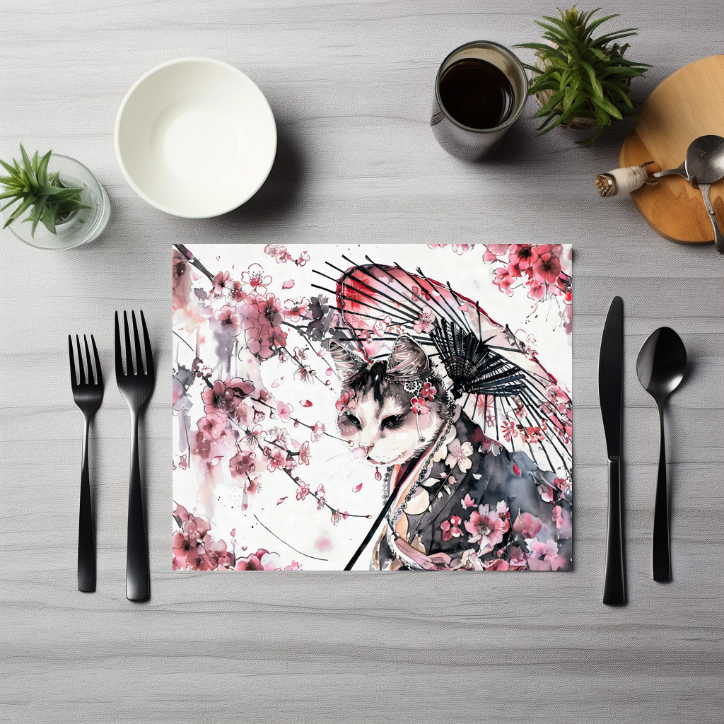 raxxa Premium-Tischset: Geisha Cat with Parasol and Cherry Blossoms in Chinese Ink Painting – Bild 3