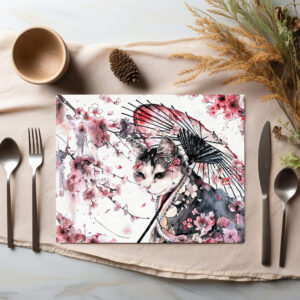 raxxa Premium-Tischset: Geisha Cat with Parasol and Cherry Blossoms in Chinese Ink Painting