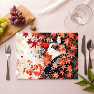 raxxa Premium-Tischset: Black and White Geisha Cat Under Red Maple Leaves in Chinese Ink Painting Style