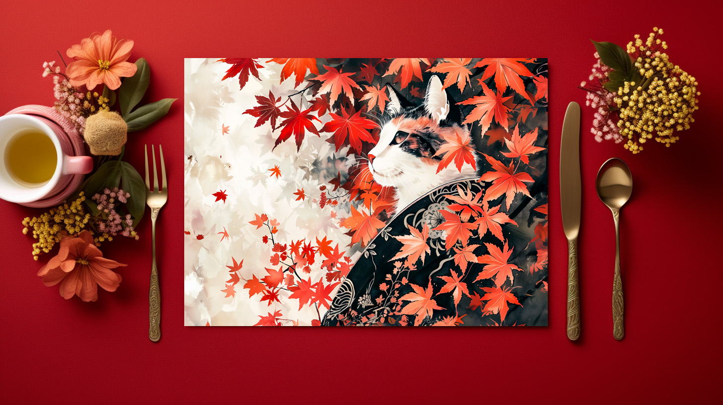 raxxa Premium-Tischset: Black and White Geisha Cat Under Red Maple Leaves in Chinese Ink Painting Style – Bild 2