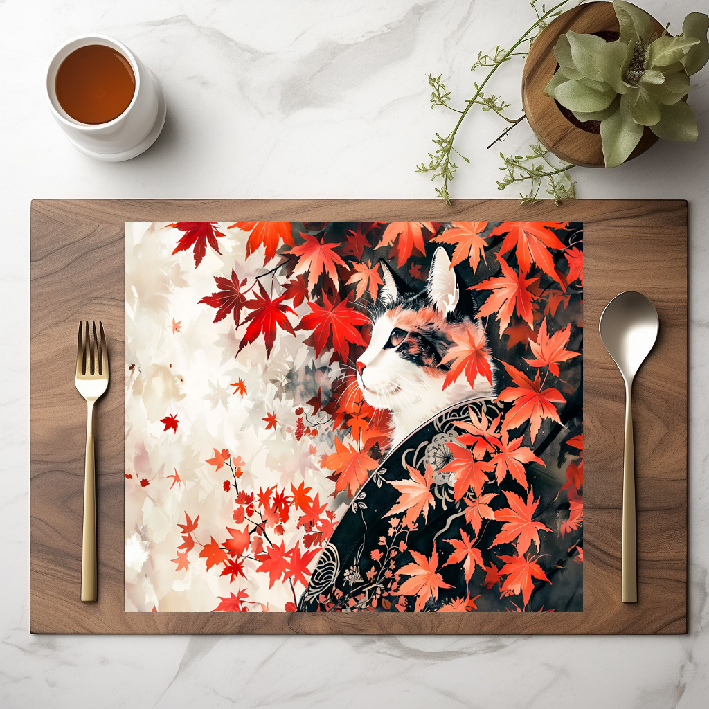 raxxa Premium-Tischset: Black and White Geisha Cat Under Red Maple Leaves in Chinese Ink Painting Style – Bild 3