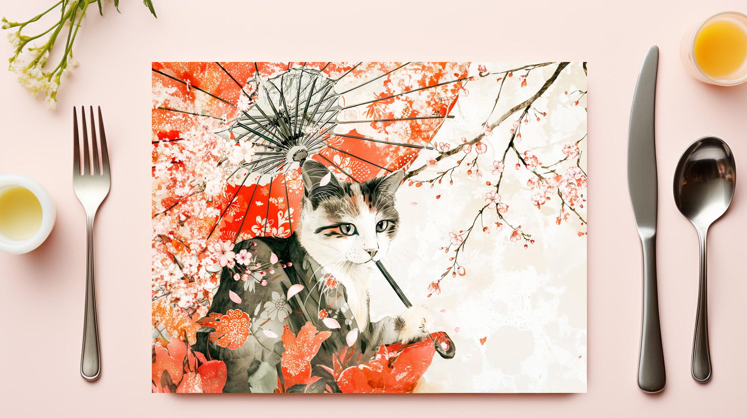 raxxa Premium-Tischset: Geisha Cat with Parasol and Cherry Blossoms in Chinese Ink Painting – Bild 3