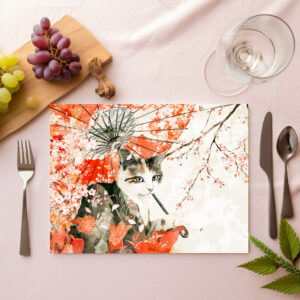 raxxa Premium-Tischset: Geisha Cat with Parasol and Cherry Blossoms in Chinese Ink Painting