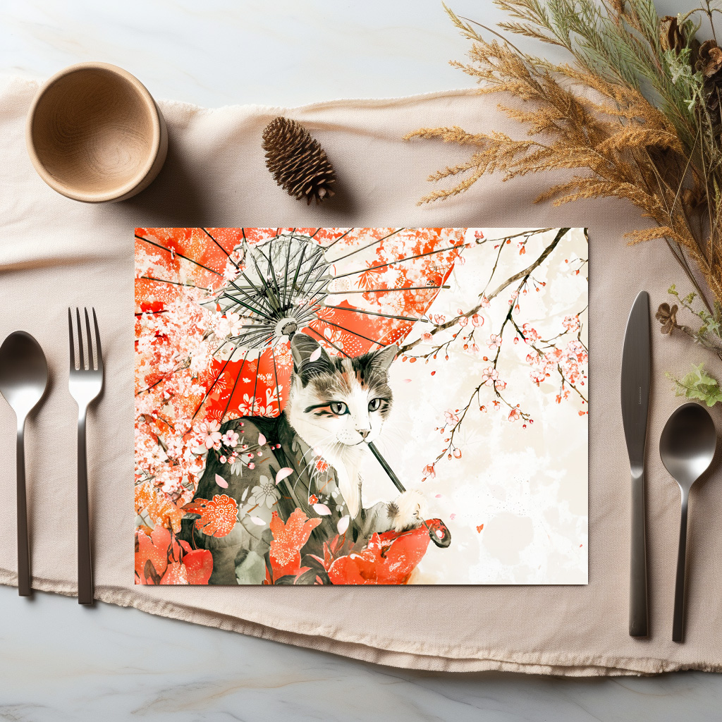 raxxa Premium-Tischset: Geisha Cat with Parasol and Cherry Blossoms in Chinese Ink Painting – Bild 2