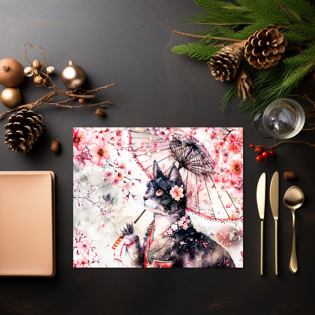 raxxa Premium-Tischset: Geisha Cat with Parasol and Cherry Blossoms in Chinese Ink Painting – Bild 3