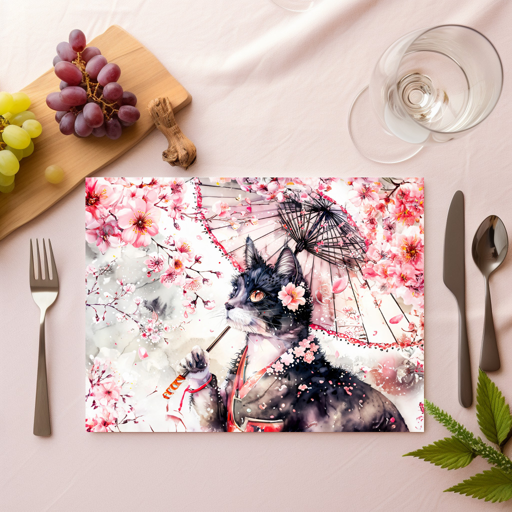 raxxa Premium-Tischset: Geisha Cat with Parasol and Cherry Blossoms in Chinese Ink Painting
