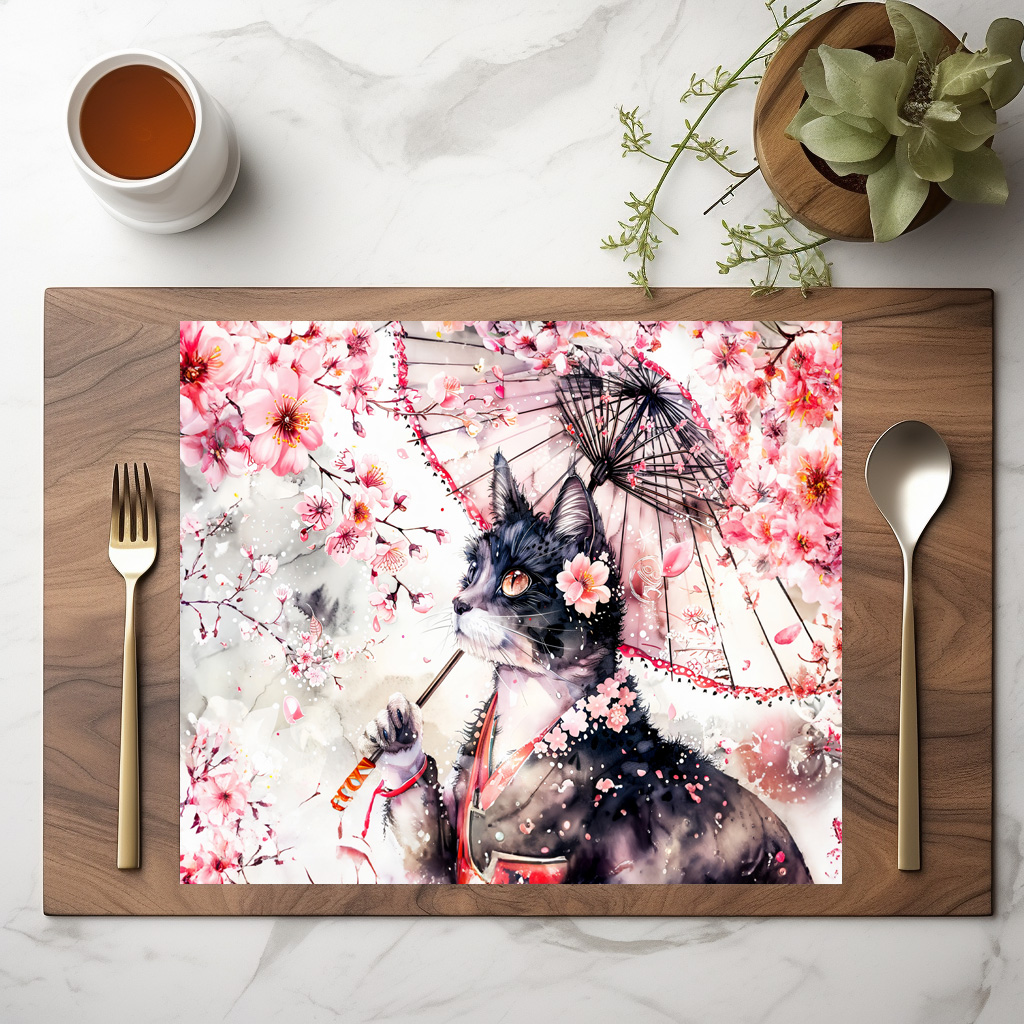 raxxa Premium-Tischset: Geisha Cat with Parasol and Cherry Blossoms in Chinese Ink Painting – Bild 2