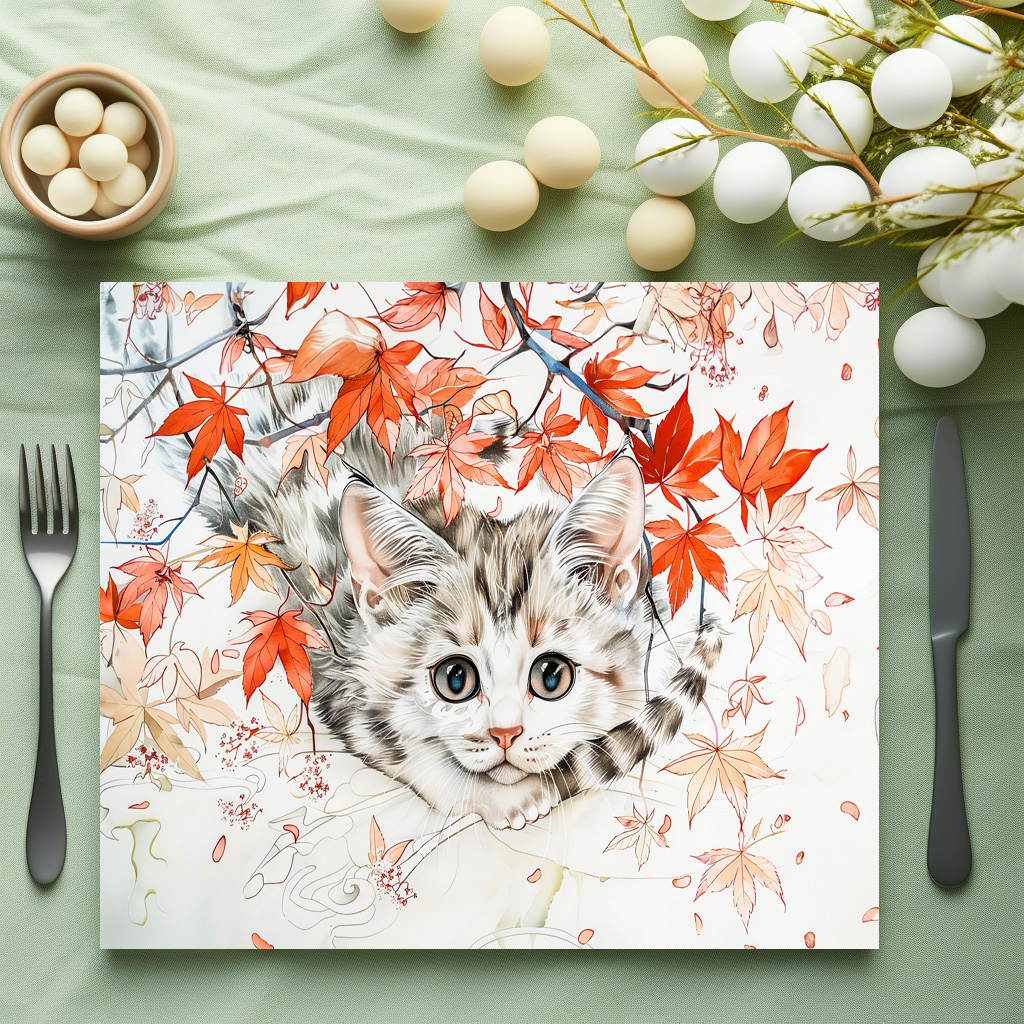 raxxa Premium-Tischset: Curious Kitten in Autumn Leaves in Chinese Ink Painting Style – Bild 3
