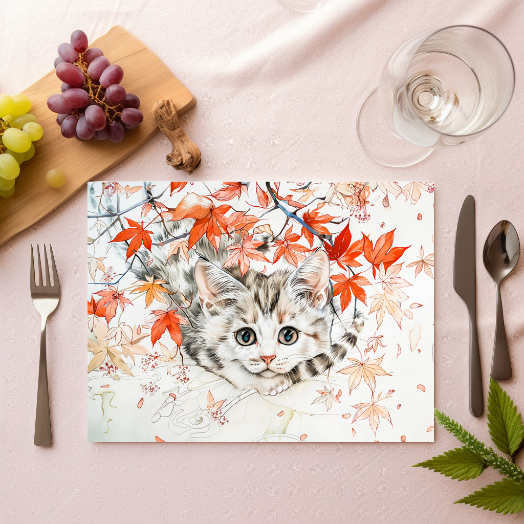raxxa Premium-Tischset: Curious Kitten in Autumn Leaves in Chinese Ink Painting Style