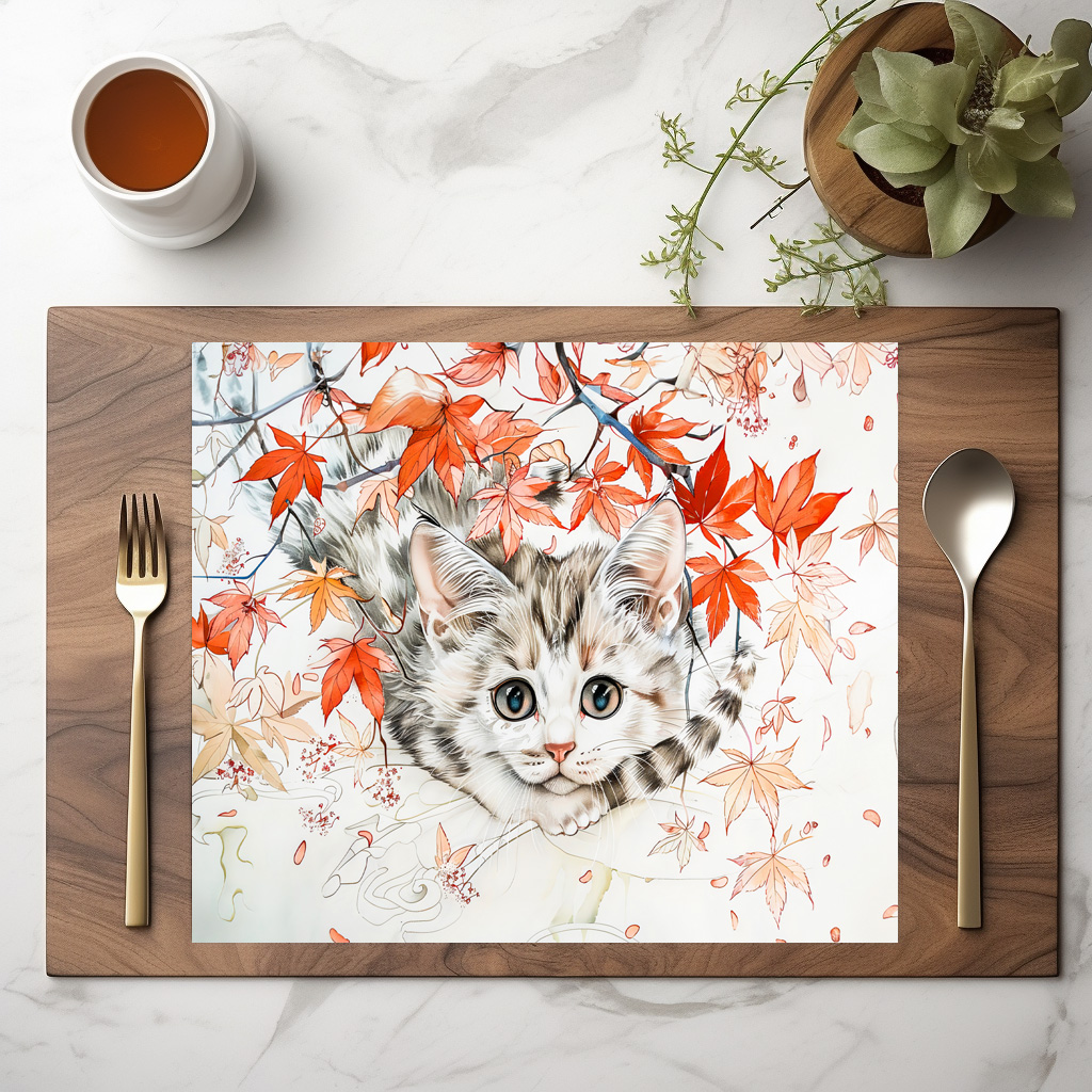 raxxa Premium-Tischset: Curious Kitten in Autumn Leaves in Chinese Ink Painting Style – Bild 2