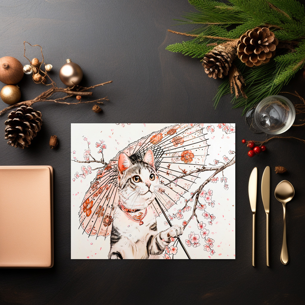 raxxa Premium-Tischset: Graceful Geisha Cat with Ornate Parasol and Cherry Blossoms – Bild 3