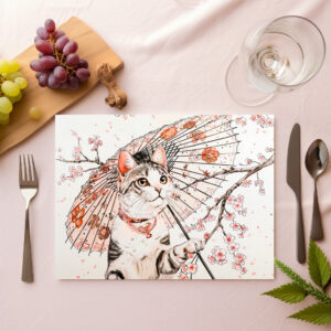 raxxa Premium-Tischset: Graceful Geisha Cat with Ornate Parasol and Cherry Blossoms