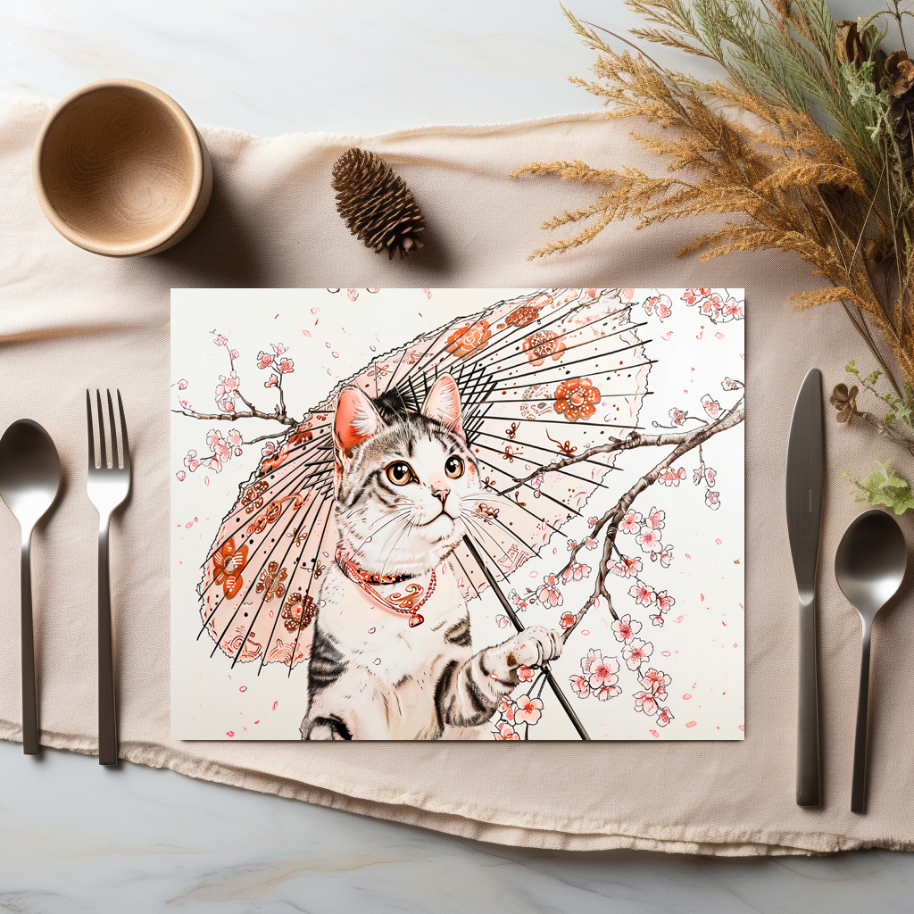 raxxa Premium-Tischset: Graceful Geisha Cat with Ornate Parasol and Cherry Blossoms – Bild 2