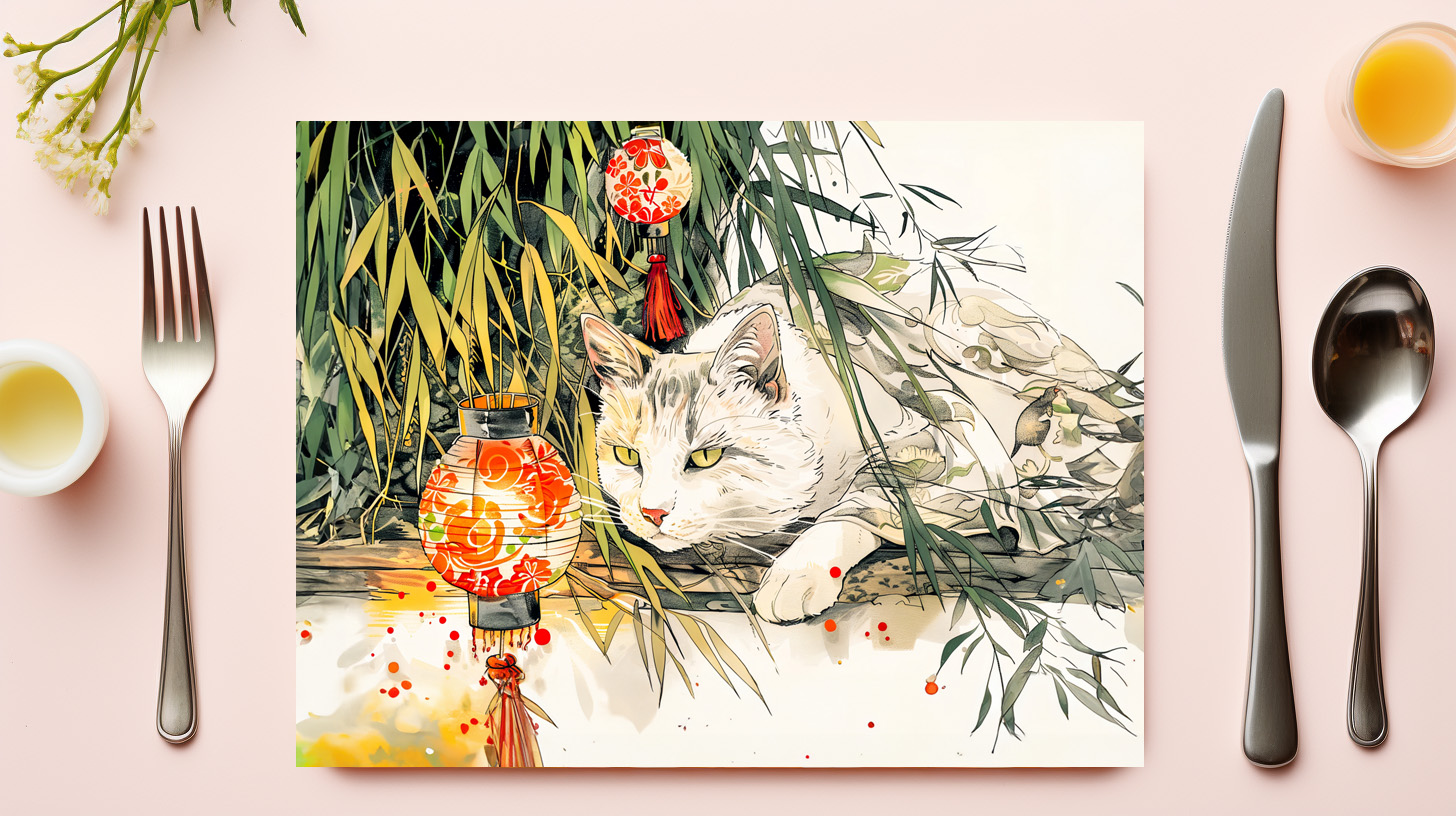 raxxa Premium-Tischset: White Geisha Cat with in Bamboo Forest Chinese Ink Painting Style – Bild 3