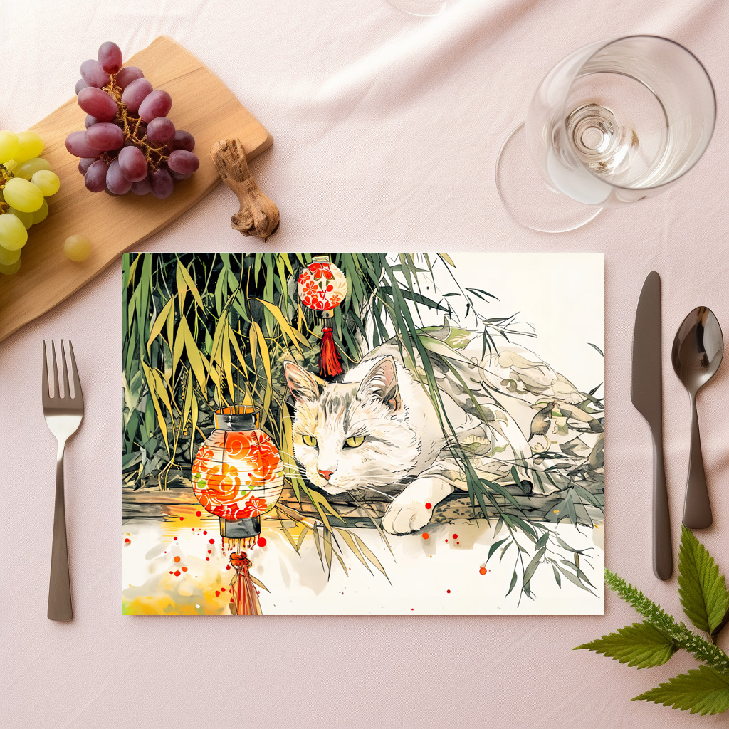 raxxa Premium-Tischset: White Geisha Cat with in Bamboo Forest Chinese Ink Painting Style