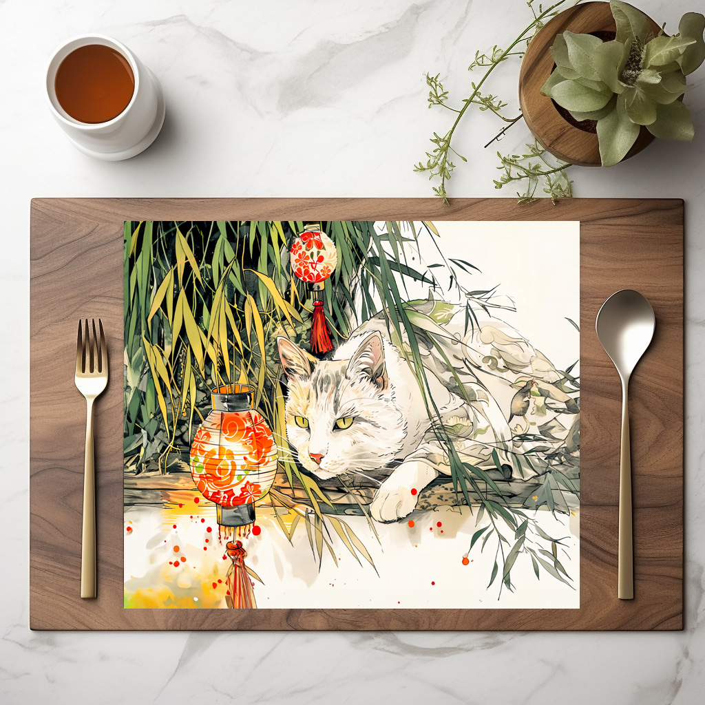 raxxa Premium-Tischset: White Geisha Cat with in Bamboo Forest Chinese Ink Painting Style – Bild 2