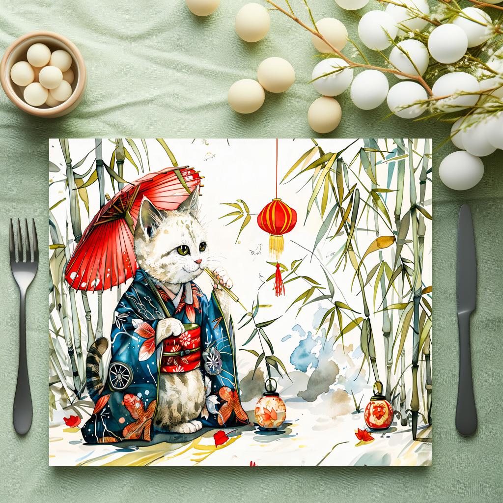 raxxa Premium-Tischset: White Geisha Cat with Red Umbrella in Bamboo Forest – Chinese Ink Painting Style – Bild 2
