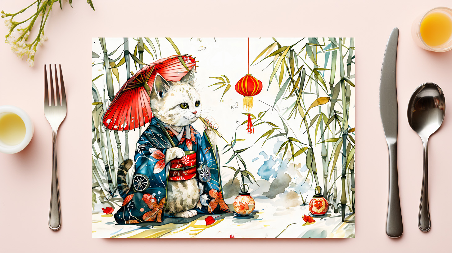 raxxa Premium-Tischset: White Geisha Cat with Red Umbrella in Bamboo Forest – Chinese Ink Painting Style – Bild 3