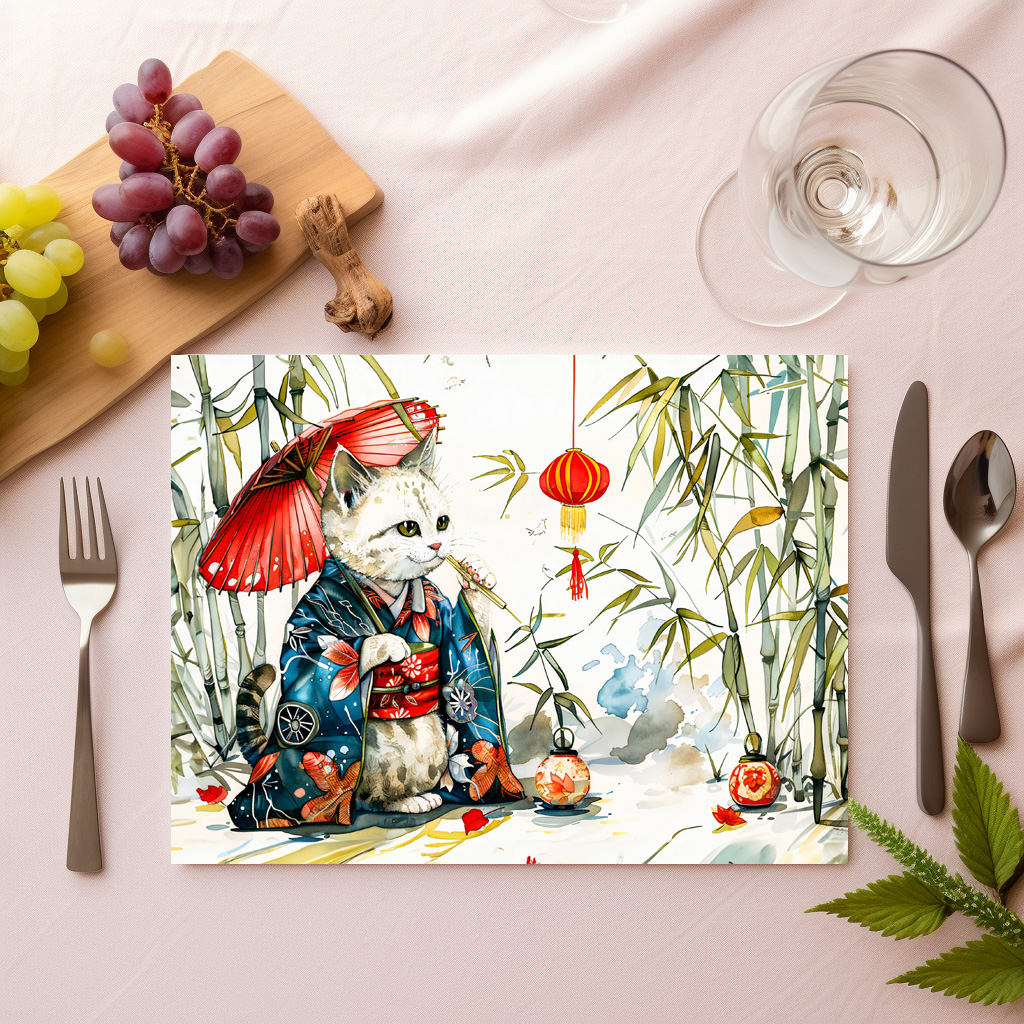 raxxa Premium-Tischset: White Geisha Cat with Red Umbrella in Bamboo Forest – Chinese Ink Painting Style