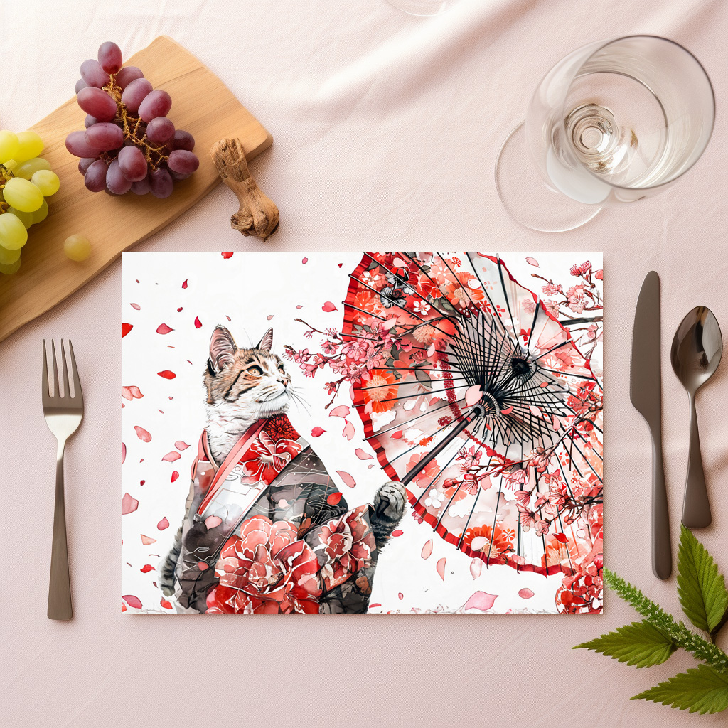 raxxa Premium-Tischset: Elegant Geisha Cat with Red Umbrella and Cherry Blossoms Asian Ink Art