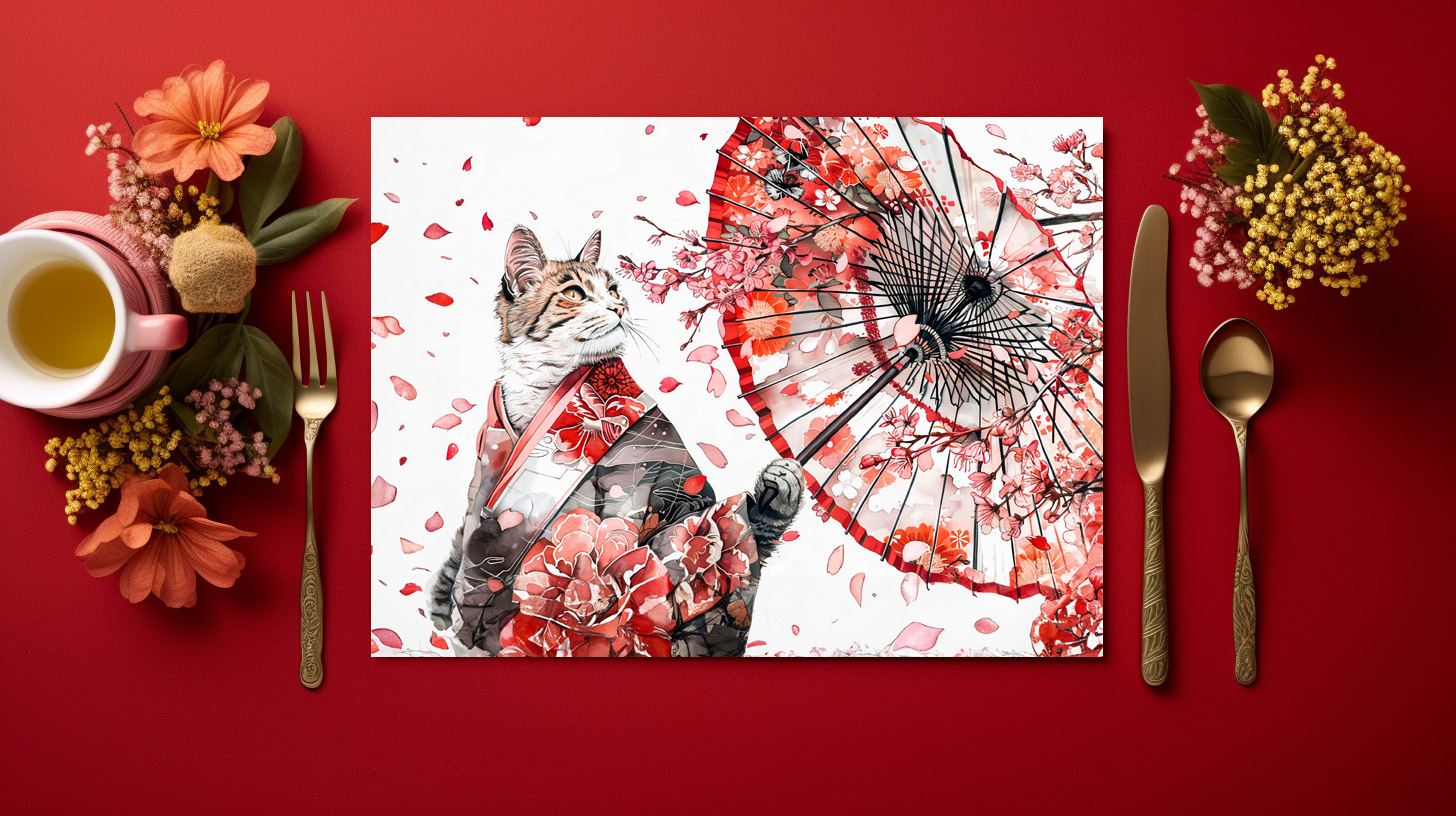 raxxa Premium-Tischset: Elegant Geisha Cat with Red Umbrella and Cherry Blossoms Asian Ink Art - Imagen 2