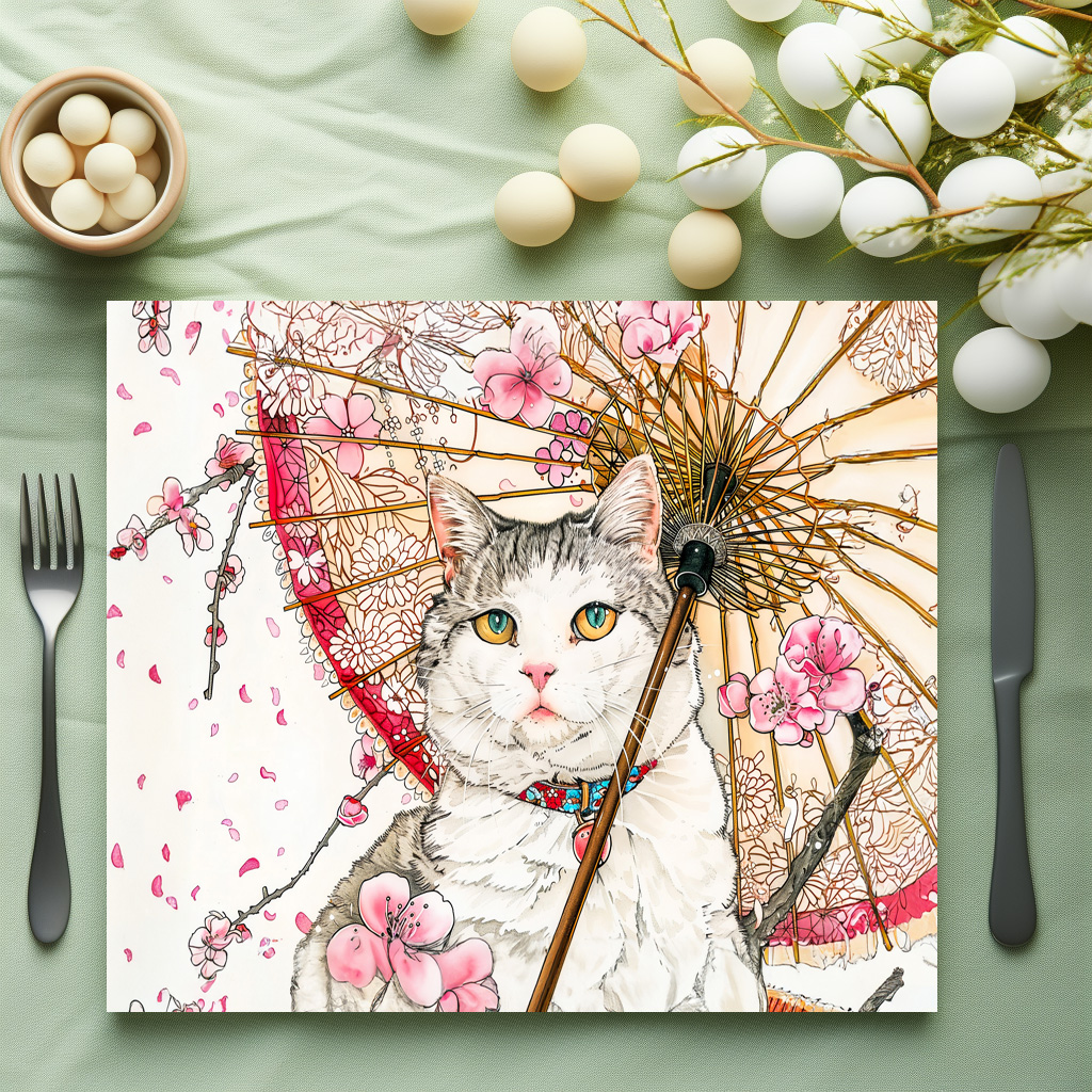 raxxa Premium-Tischset: Geisha Cat with Parasol and Cherry Blossoms in Chinese Ink Painting – Bild 3