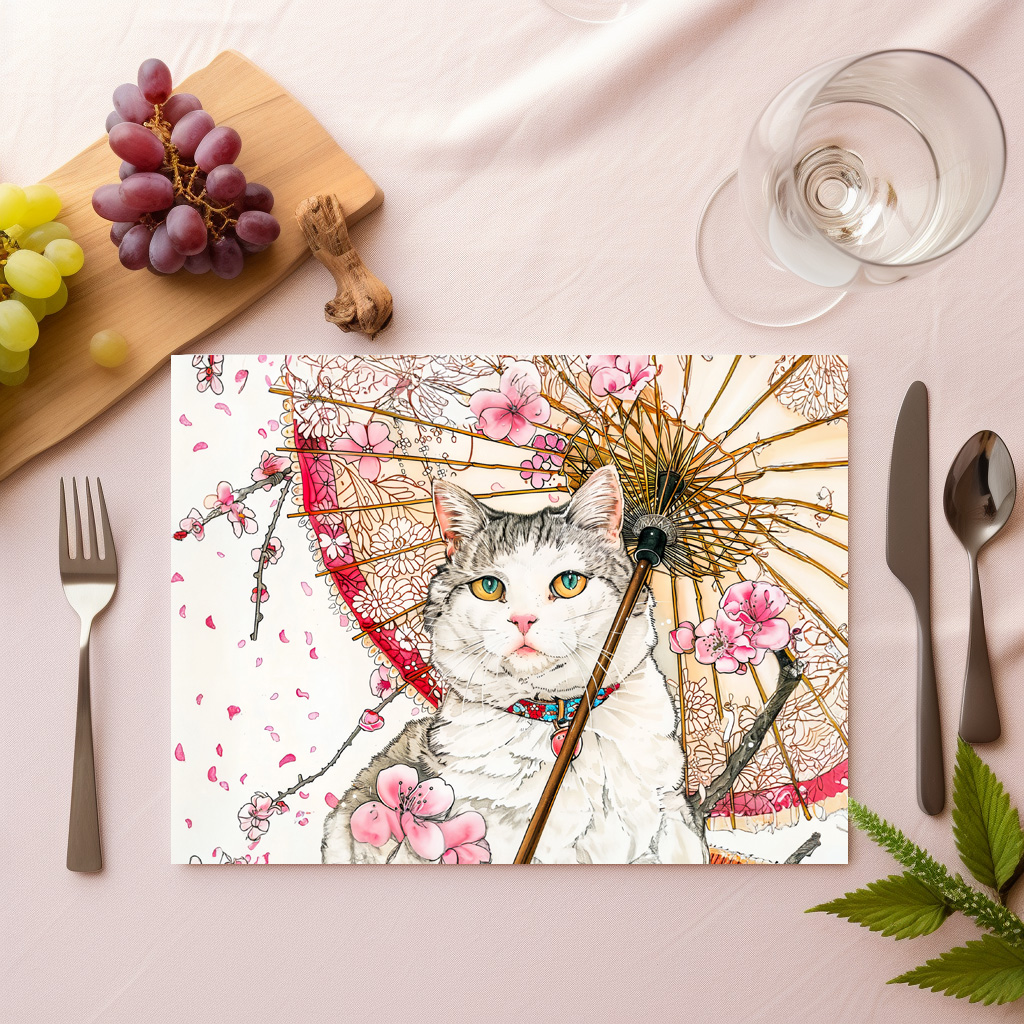 raxxa Premium-Tischset: Geisha Cat with Parasol and Cherry Blossoms in Chinese Ink Painting