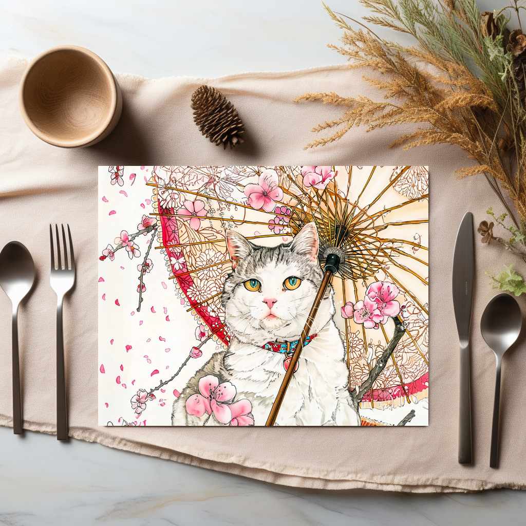 raxxa Premium-Tischset: Geisha Cat with Parasol and Cherry Blossoms in Chinese Ink Painting – Bild 2