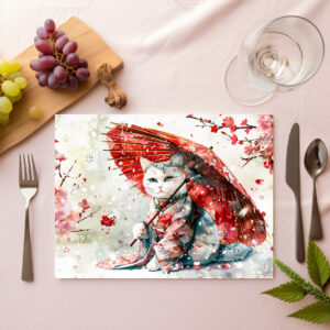 raxxa Premium-Tischset: Mysterious Geisha Cat with P Red Parasol in Chinese Ink Painting Style