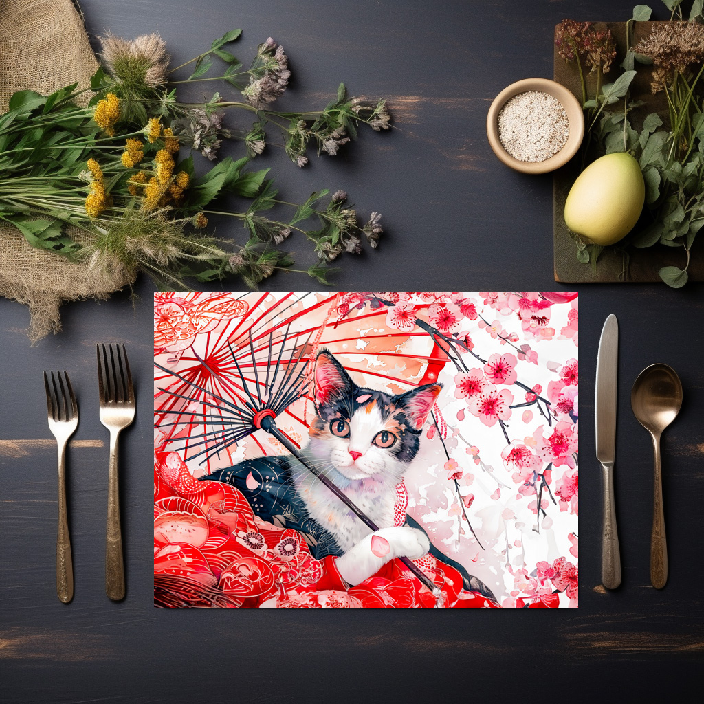 raxxa Premium-Tischset: Geisha Cat with Umbrella in Chinese Ink Painting Style - Image 3