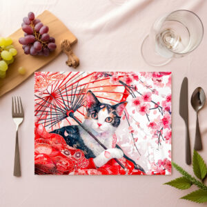 raxxa Premium-Tischset: Geisha Cat with Umbrella in Chinese Ink Painting Style
