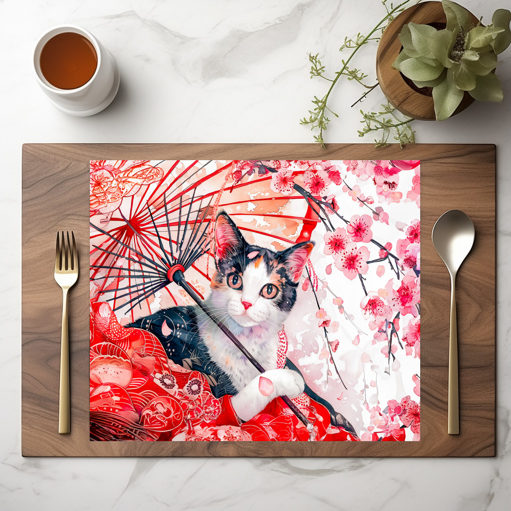 raxxa Premium-Tischset: Geisha Cat with Umbrella in Chinese Ink Painting Style - Image 2