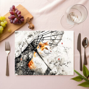 raxxa Premium-Tischset: Graceful Geisha Cat with White Orchids in Chinese Ink Painting Style
